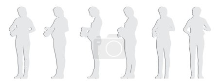Ilustración de Concepto vectorial silueta de corte de papel gris conceptual de una mujer embarazada vertiendo agua en una taza desde diferentes perspectivas aisladas en blanco. Una metáfora para la relajación, el cuidado, el ocio y la maternidad - Imagen libre de derechos