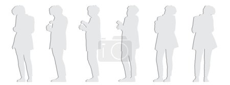 Illustration for Vector concept conceptual gray paper cut silhouette of a woman talking on the phone holding a cup from different perspectives isolated. A metaphor for communication, connection, leisure and lifestyle - Royalty Free Image