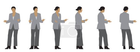 Illustration for Vector concept conceptual silhouette of a business woman making a presentation from different perspectives isolated on white. A metaphor for confidence, leadership, business, competence,  vision - Royalty Free Image