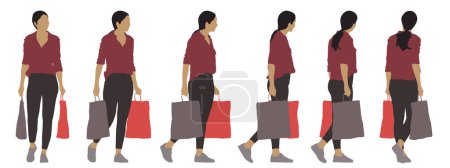 Téléchargez les illustrations : Concept vectoriel silhouette conceptuelle d'une femme tenant des sacs à provisions de différentes perspectives isolées sur fond blanc. Une métaphore pour le shopping, les affaires, les loisirs et le mode de vie - en licence libre de droit
