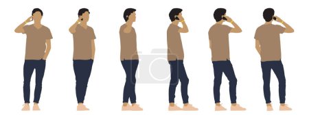 Illustration for Vector concept conceptual black silhouette of a young man talking on the phone from different perspectives isolated on white background. A metaphor for communication, connection, leisure and lifestyle - Royalty Free Image