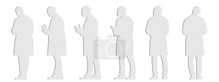 Illustration for Vector concept or conceptual gray paper cut silhouette of a male doctor wearing a medical scrub from different perspectives isolated on white. A metaphor for health care, medicine,  diagnosis and treatment - Royalty Free Image