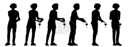 Ilustración de Concepto vectorial silueta negra conceptual de un camarero masculino sirviendo bebidas desde diferentes perspectivas aisladas sobre fondo blanco. Una metáfora para el trabajo, los negocios, la relajación y el estilo de vida - Imagen libre de derechos