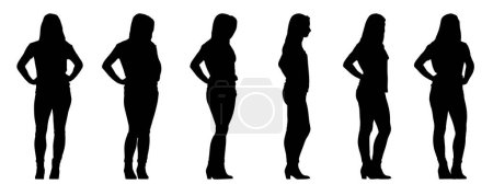 Vector-Konzept konzeptuelle schwarze Silhouette einer lässig gekleideten Frau, die aus verschiedenen Perspektiven isoliert auf weißem Hintergrund steht. Eine Metapher für Entspannung, Komfort, Praktisches und Lebensstil