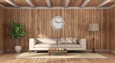 Foto de Habitación de madera con sofá de cuero y mesa de centro en la alfombra, lámpara de pie y planta de interior - 3d renderr - Imagen libre de derechos