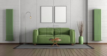 Photo for Poster mockup in a concrete room with green sofa and two heaters - 3d render - Royalty Free Image