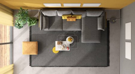 Photo for High angle view of a modern living room with gray sofa and orange wall - 3d render - Royalty Free Image