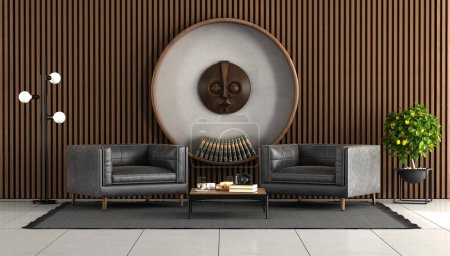 Living room with wooden wall paneling, two leather armchair,.decorative circle and ethnic mask- 3d render