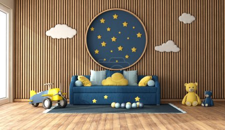 Photo for Blue sofa bed in a child room with cladding wood panels, decorative circle and stars on blue wall - 3d render - Royalty Free Image