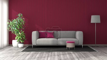 Living room with gray sofa against viva magenta wall panels - 3d render