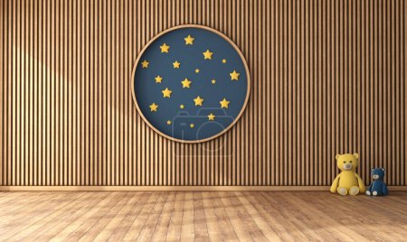 Empty Child room with wall wood cladding panels.decorative circle and stars on blue wall - 3d render