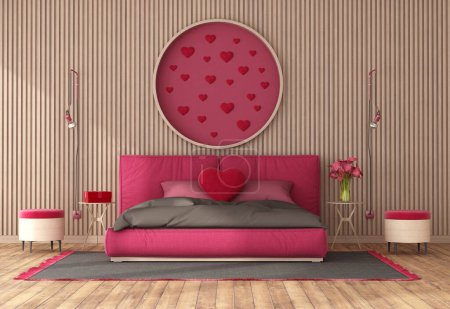 Photo for Romantic suite for Valentine's Day with double bed in viva magenta color,hearts and wooden panesl -3d render - Royalty Free Image