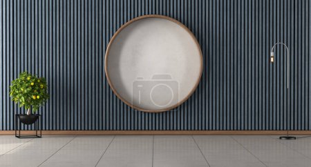 Photo for Empty room with blue wooden wall paneling , decorative circle, houseplant and floor lamp - 3d rendering - Royalty Free Image