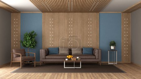 Photo for Living room with leather sofa room wood paneling and led light- 3d render - Royalty Free Image