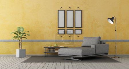 Photo for Gray chaise lounge om old yellow wall, empty picture frame and floor lamp - 3d rendering - Royalty Free Image