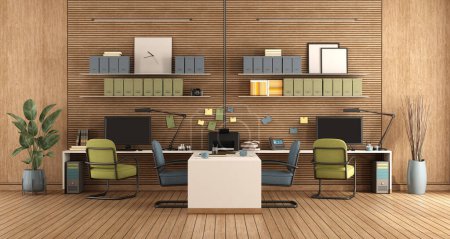 Photo for Modern office with two workstations and wood paneling on background - 3d rendering - Royalty Free Image