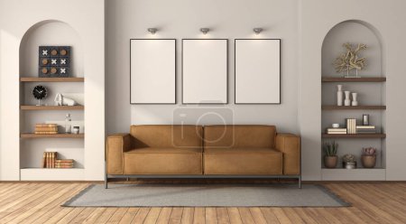 Foto de Salón moderno con sofá de cuero y nicho con objetos de decoración - 3d renderizado - Imagen libre de derechos