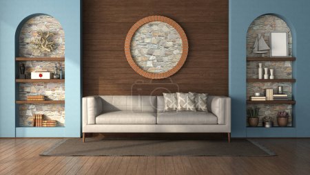 Photo for Rustic style living room with modern sofa, niches with stone background and wooden wall - 3d rendering - Royalty Free Image