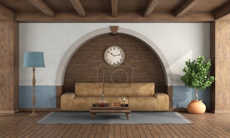 Téléchargez les photos : Salon de style classique avec canapé en cuir, mur voûte et boiseries sur fond - rendu 3d - en image libre de droit