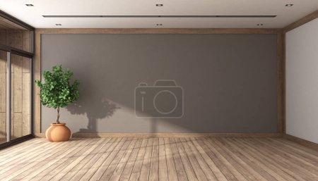 Photo for Empty room with brown wall, hardwood floor.houseplant and grill for air conditioning on ceiling - 3d rendering - Royalty Free Image