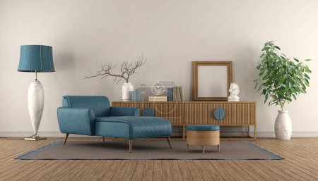 Foto de Chaise lounge azul y aparador vintage en una sala de estar blanca con suelo de madera 3d representación - Imagen libre de derechos