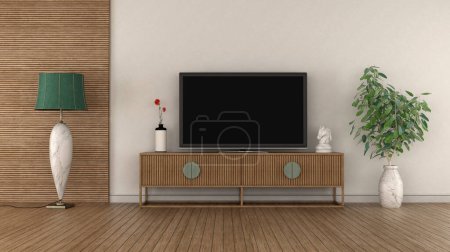 Photo for Modern TV on vintage sideboard ina white and wooden living room -3d rendering - Royalty Free Image