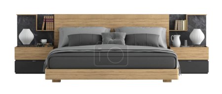 Photo for Modern Bedroom with wooden and black bed isolated on white background - 3d rendering - Royalty Free Image