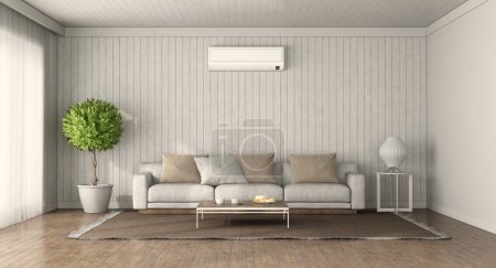 Photo for Minimalist living room with sofa , air conditioner and wood paneling on background - 3d rendering - Royalty Free Image