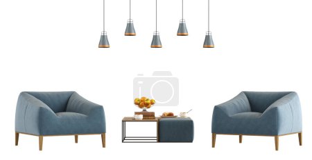 Photo for Modern blue armchairs with coffee table and pendant lamps isolated on white background - 3d rendering - Royalty Free Image