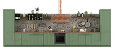 Photo for Vintage green kitchen with copper hood isolated on white background - 3d rendering - Royalty Free Image