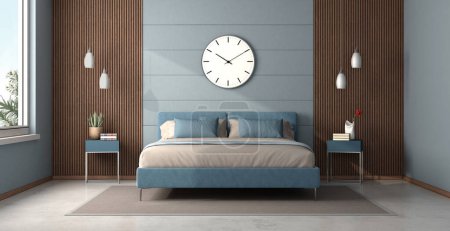 Photo for Blue and wooden master bedroom with double bed nightstand and pendant light - 3d rendering - Royalty Free Image