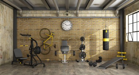 Photo for Gym room in a loft with Fitness set room with weight machines and punching bag - 3d rendering - Royalty Free Image
