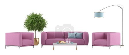 Photo for Pink living room set with two armchairs,sofa and floor lamp isolated on white background - 3d rendering - Royalty Free Image