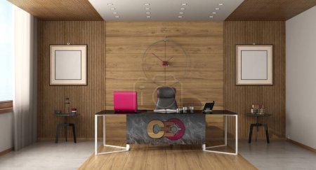 Photo for CEO's office with wooden panels, large desk,laptopo and office chair - 3d rendering - Royalty Free Image
