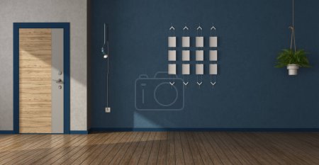 Photo for Home entrance with front door, with blank photo frame on blue wall -3d rendering - Royalty Free Image