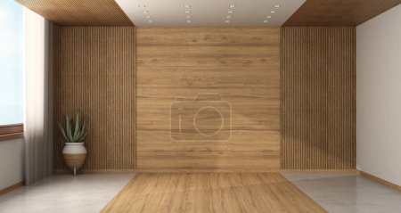 Photo for Empty room with wood paneling, potted plant and window - 3d rendering - Royalty Free Image