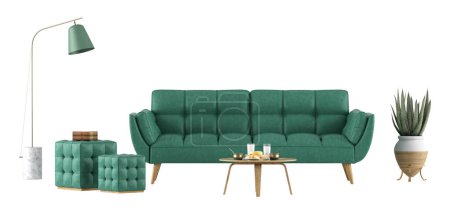 Photo for Living room with green sofa,footstool,coffee tabe anf floor lamp isolated on white - 3d rendering - Royalty Free Image