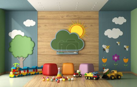 Foto de Clase de un colorido jardín de infantes con pizarra, decoraciones en paneles de madera, juguetes y puf - 3d renderizado - Imagen libre de derechos