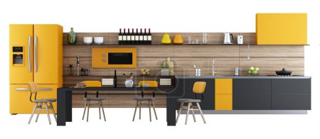 Photo for Black and orange modern kitchen with dining table vintage chair isolated on white background - 3d rendering - Royalty Free Image