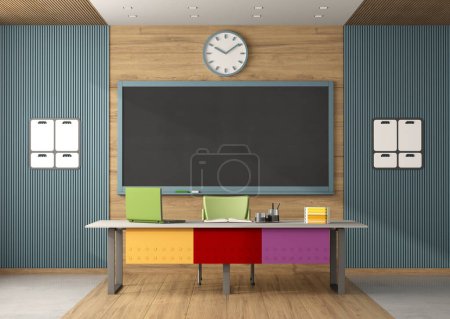 Photo for Modern classroom without students with blackboard and colorful teacher's desk - 3d rendering - Royalty Free Image
