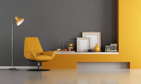 Photo for Modern grey and orange living room with leather armchair and floor lamp - 3d rendering, - Royalty Free Image