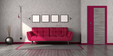Photo for Viva magenta sofa in a living room with front door, wall lamp and hardwood floor - 3d rendering - Royalty Free Image