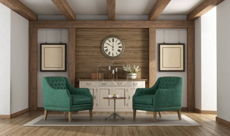 Photo for Retro style living room with wood paneling green classic armchair and sideboard - 3d rendering - Royalty Free Image
