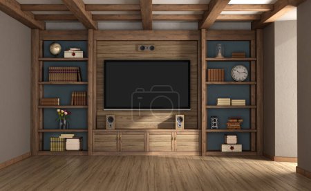 Photo for Retro style room with bookcase in solid wood and flat tv and room wooden beams - 3d rendering - Royalty Free Image