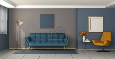 Photo for Living room with blue sofa , orange armchair, floor lamp and coffee table -3d rendering - Royalty Free Image