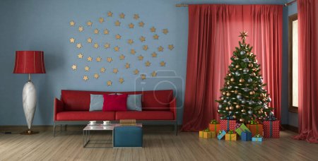 Photo for Blue living room with sofa and Christmas tree in front of a red curtain - 3d rendering - Royalty Free Image