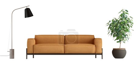Photo for Livng room set isolated with leather sofa,floor lamp and houseplant - 3d rendering - Royalty Free Image