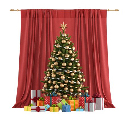 Photo for Christams tree with gift box in front a red curtain isolated on white - 3d rendering - Royalty Free Image