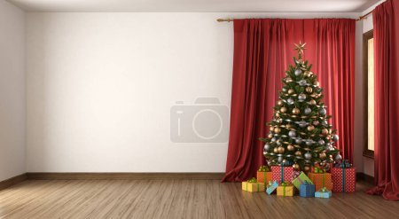 Photo for White living room with Christmas tree , gift box and red curtain - 3d rendering - Royalty Free Image