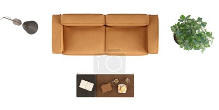 Photo for High angle view of a leather sofa ,floor lamp,coffee table and houseplant isolated on white - 3d rendering - Royalty Free Image